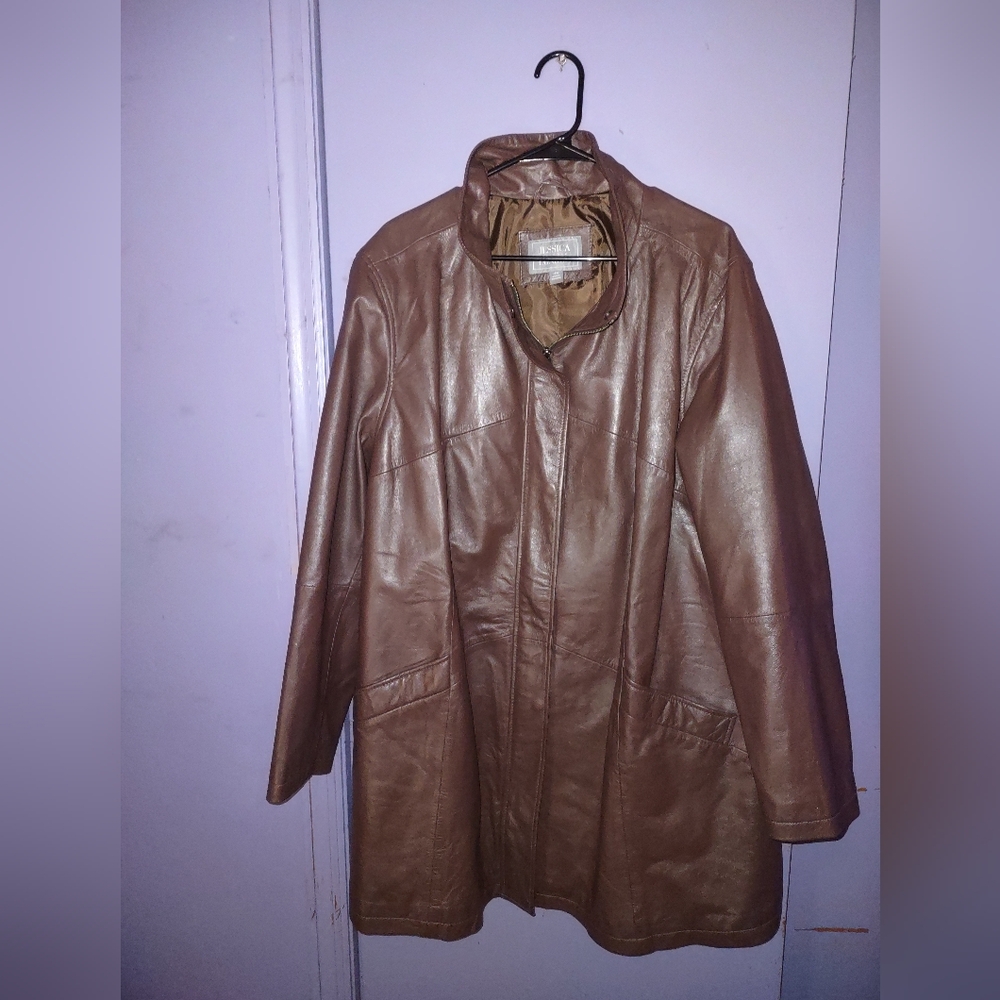 Jessica London Women's BROWN Leather A-Line Coat Women's Plus Size 24W